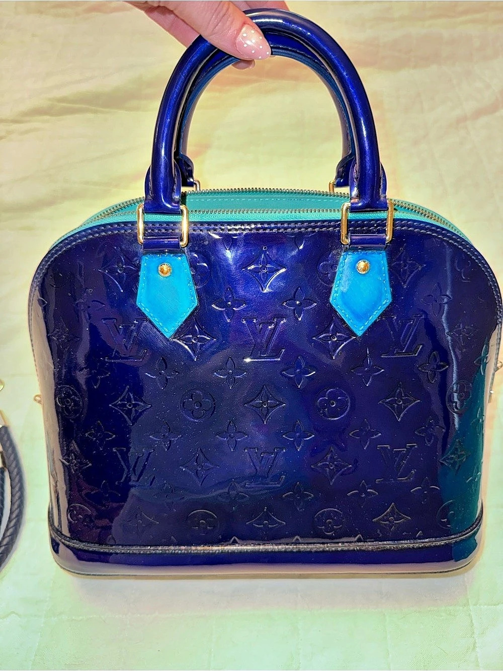 Louis Vuitton Alma PM Monogram Vernis Patent Satchel in Blue & Turquoise